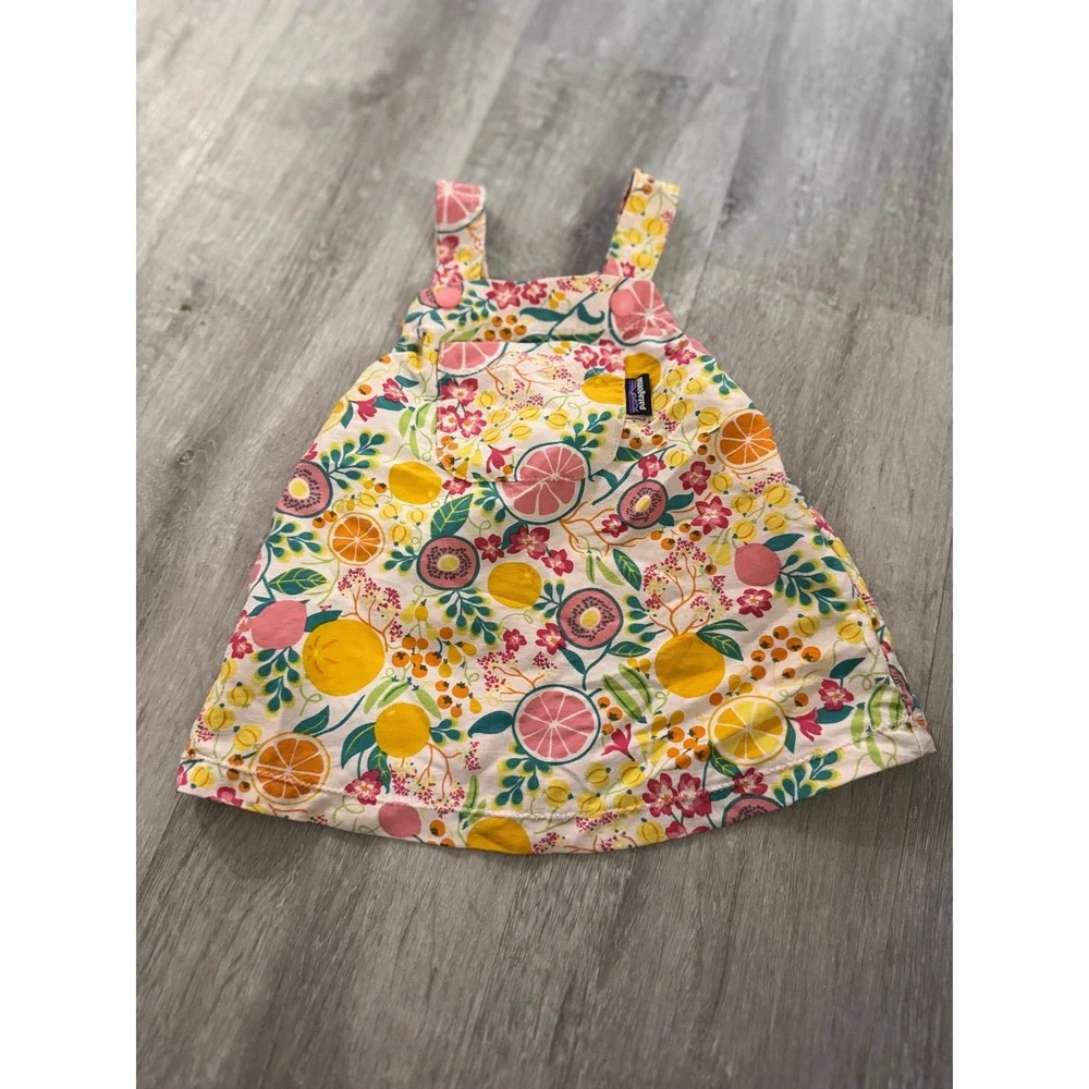 Patagonia Baby Baggies Apron Dress 3M Citrus Floral Fruit Print Pink Yellow